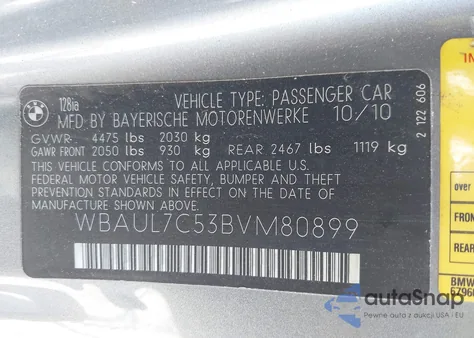 2011 BMW 128I z USA, uszkodzony, nr VIN WBAUL7C53BVM80899